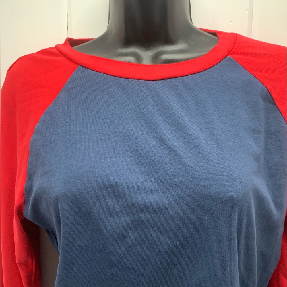 edikted Tee Women’s L Tommi Raglan Red Blue Colorblock Crew Long Sleeve T-Shirt - Picture 7 of 9